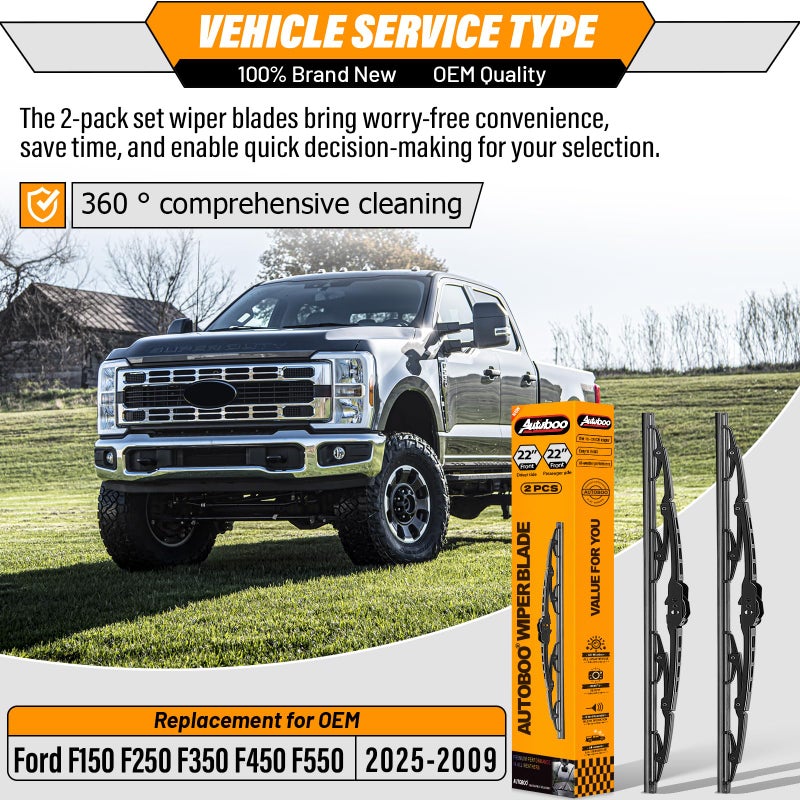 AUTOBOO 22"+22"Windshield Wipers Replacement for Ford F150 F250 F350 F450 F550 2025-2021 2020 2019 2018 2017 2016 2015 2014 2013 2012 2011 2010 2009 -Original Factory Quality Wiper Blades (Pack of 2) - Image 2