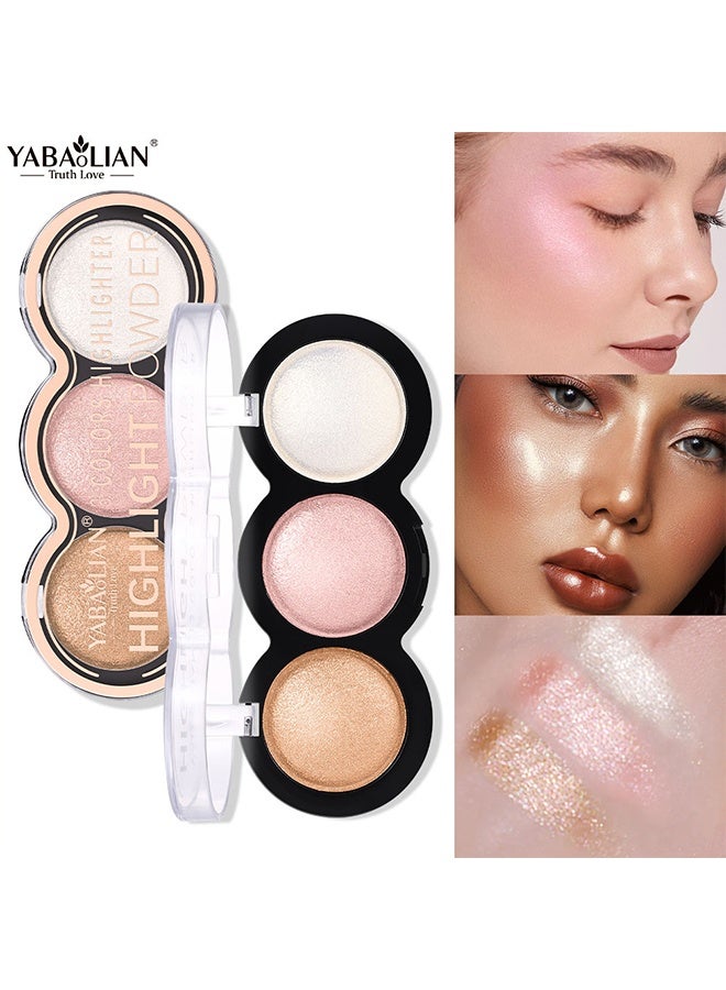 يابوليان 3 ألوان أحمر الخدود وهايلايتر باليت ، بودرة الظل المعدنية اللامعة ، مجموعة مكياج Illuminator للتظليل ، وإبراز الوجه وتحديده ، ومكياج هايلايتر طويل الأمد - Image 1