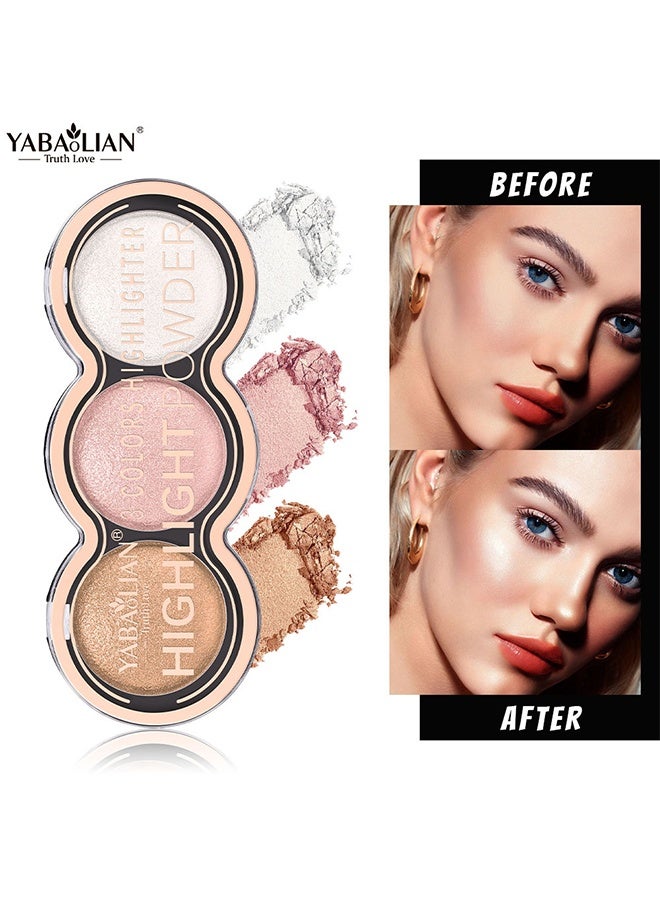 يابوليان 3 ألوان أحمر الخدود وهايلايتر باليت ، بودرة الظل المعدنية اللامعة ، مجموعة مكياج Illuminator للتظليل ، وإبراز الوجه وتحديده ، ومكياج هايلايتر طويل الأمد - Image 5