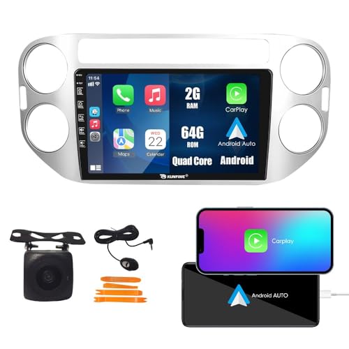KUNFINE for VW Tiguan 2007-2016 Car CarPlay Android Auto Navigation Stereo GPS Radio Reverse Camera Display 9" IPS Touchscreen Headunit Tablet Pad Media Player, if Applicable Quad Core 2G+64G Silver - Image 1