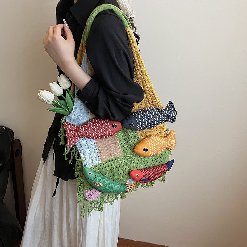Knitted Cotton Tote Bag with Tassel Patchwork - Image 3