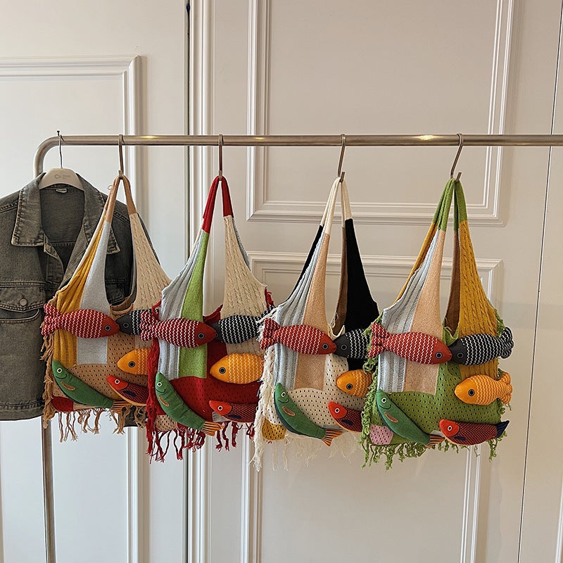 Knitted Cotton Tote Bag with Tassel Patchwork - Image 1