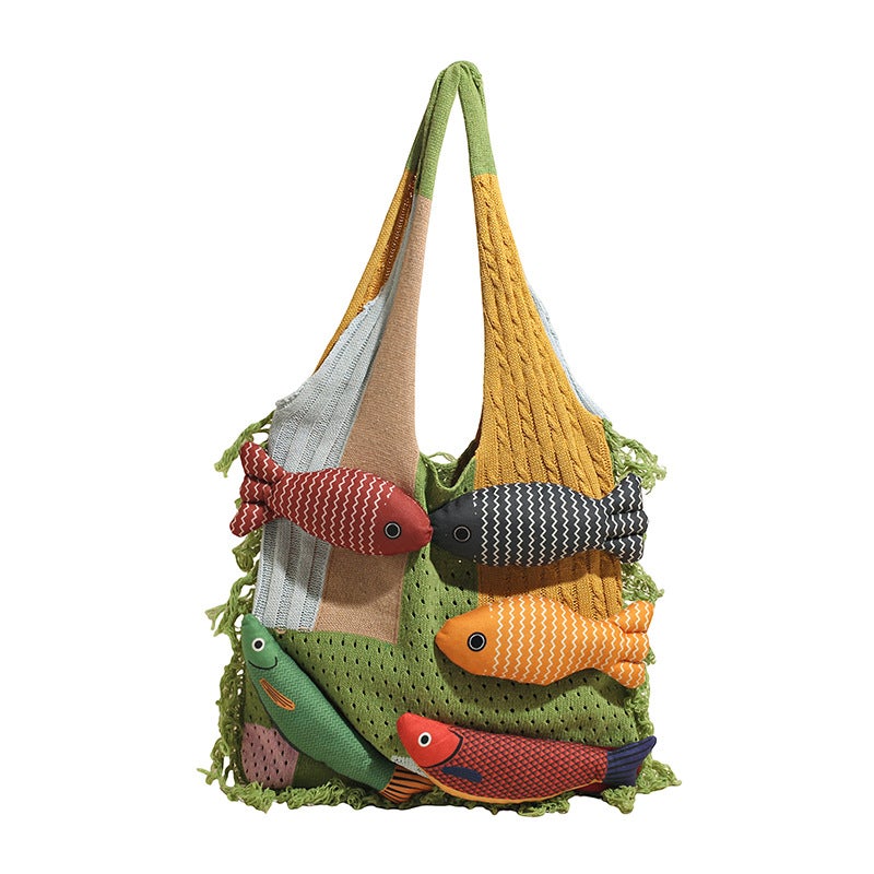 Knitted Cotton Tote Bag with Tassel Patchwork - Image 5