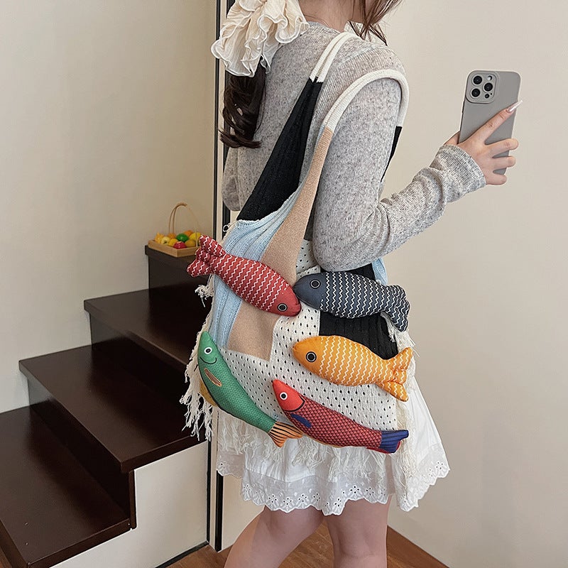 Knitted Cotton Tote Bag with Tassel Patchwork - Image 4