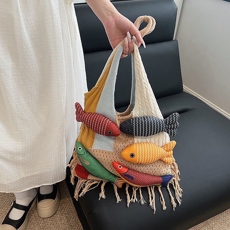 Knitted Cotton Tote Bag with Tassel Patchwork - Image 2