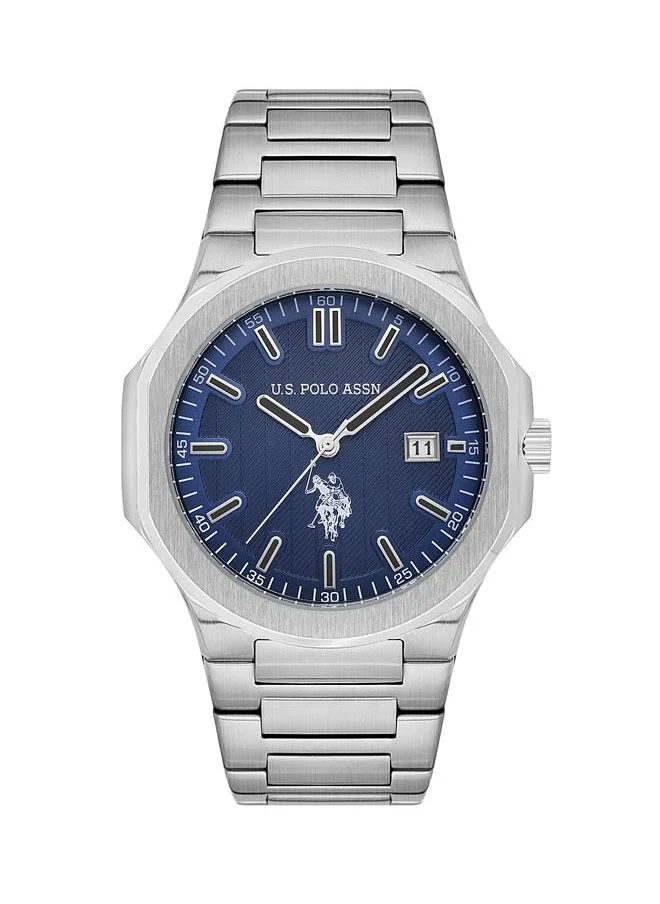 يو اس بولو اسن U.S. Polo Assn. Fundamental 45mm Blue Dial Watch with Silver Accents and Stainless Steel Band - USPA1091-01, Sophisticated Style