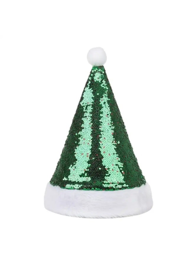 Christmas Reversible Sequins Decorated Christmas Santa Cap For Christmas Celebration- Green
