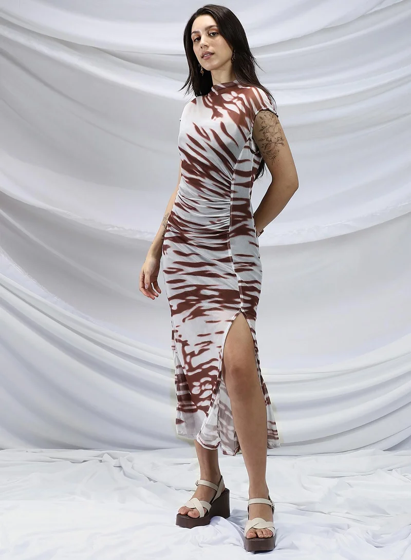 PINACOLADA PINACOLADA Women's Chocolate Brown & Cream White Meta-Slit Midi Dress For Casual Wear | Mock Neck | Short Extended Sleeves | Zipper Closure | Dress Designed With Comfortable Fit For Woman & Girls