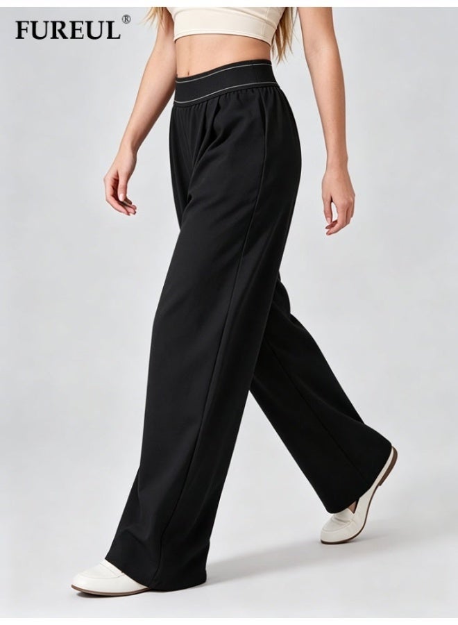 FUREUL Women High Waist Wide Leg Casual Pants, Stitched Elastic Waistband Loose Fit Trousers with Side Pockets, Lightweight Quick Dry Sports Sweatpants for Daily Gym Streetwear - Black - Image 2