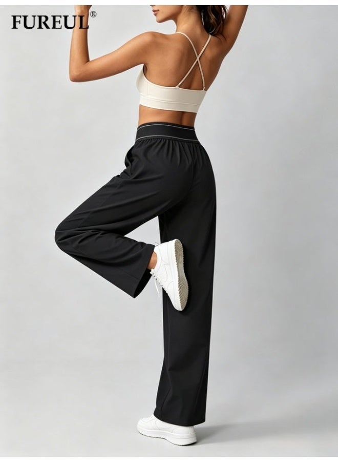 FUREUL Women High Waist Wide Leg Casual Pants, Stitched Elastic Waistband Loose Fit Trousers with Side Pockets, Lightweight Quick Dry Sports Sweatpants for Daily Gym Streetwear - Black - Image 5