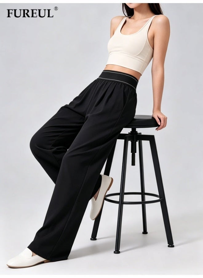FUREUL Women High Waist Wide Leg Casual Pants, Stitched Elastic Waistband Loose Fit Trousers with Side Pockets, Lightweight Quick Dry Sports Sweatpants for Daily Gym Streetwear - Black - Image 1