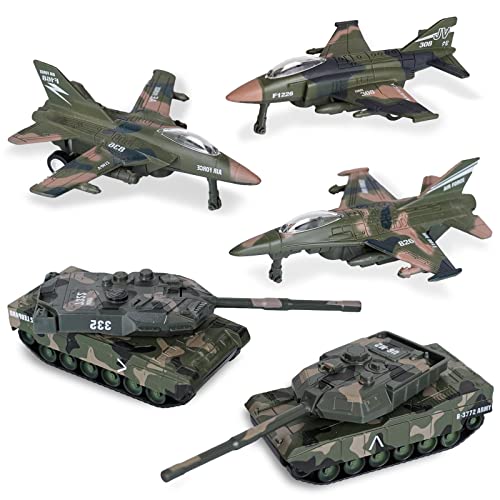 Crelloci 5 Pack Die Cast Fighter Jet Tank Toy Pull Back Army Toys Vehicle Set Camouflage Bomber Airplane Tank Vehicles Military Air Force Playset for Kids Toddlers Boys Age 3 B - Image 1