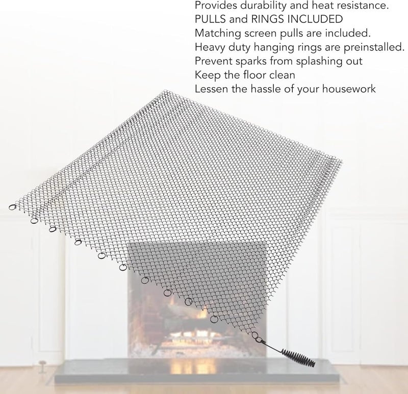 Fireplace Mesh Screen Curtain 2 Wide Panels Hanging Replacement Screens for Home Wood Burning Fireplace Black, Safety Stainless Steel Easy Installation(24 * 18in) - Image 2