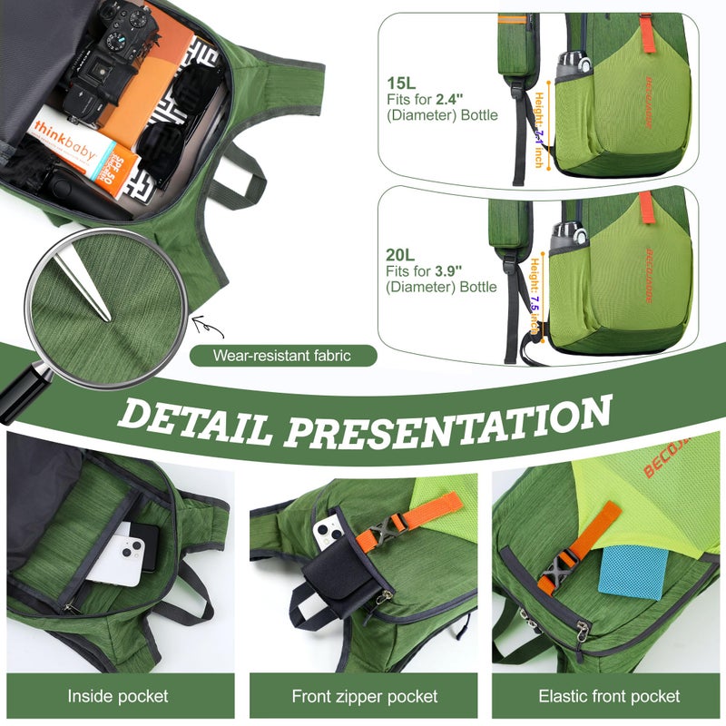 BECOJADDE 15L Small Hiking Backpack for Men Women Foldable Packable Back Pack Ultralight Hiking Daypack for Travel Camping Outdoor, Olive Green - Image 3