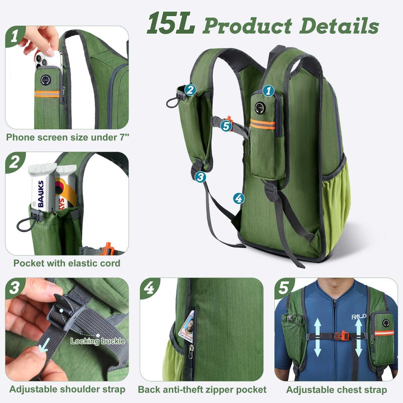 BECOJADDE 15L Small Hiking Backpack for Men Women Foldable Packable Back Pack Ultralight Hiking Daypack for Travel Camping Outdoor, Olive Green - Image 2