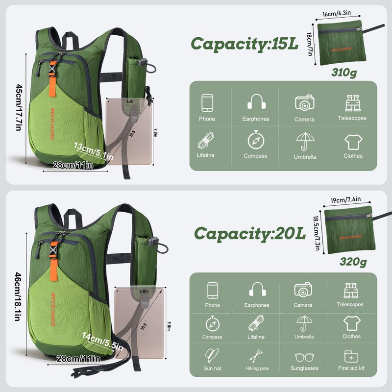 BECOJADDE 15L Small Hiking Backpack for Men Women Foldable Packable Back Pack Ultralight Hiking Daypack for Travel Camping Outdoor, Olive Green - Image 4