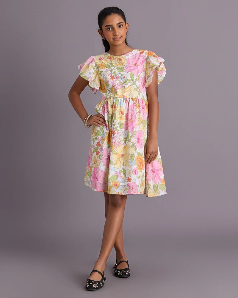Redtag Senior Girls Yellow Floral Slub Dress