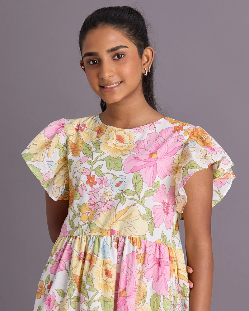Redtag Senior Girls Yellow Floral Slub Dress