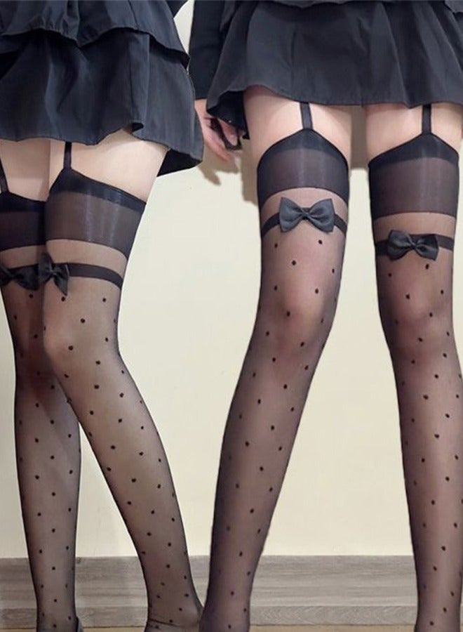 Socks Fashion Ultra-Thin Polka Dot Suspenders One-Piece Black Stockings For Women Core-Spun Silk Bowknot Over-The-knee Stockings Transparent Thigh Pantyhose Lace Garter Stockings  - Image 3