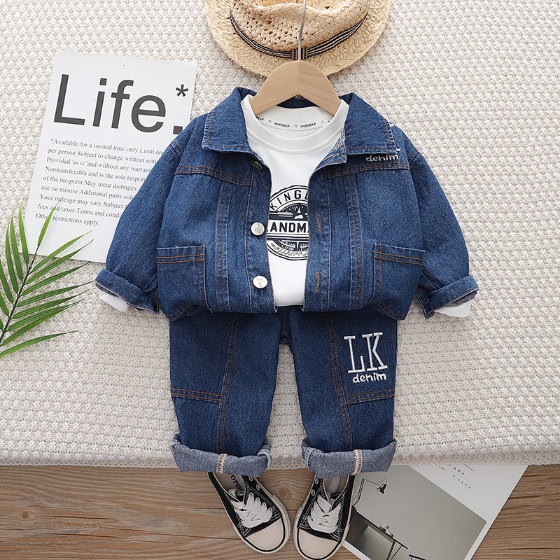 Children'S Clothing Boys Spring & Fall Suits Style Clothes Handsome Baby Denim Three-Piece Trendy Clothes - Image 4