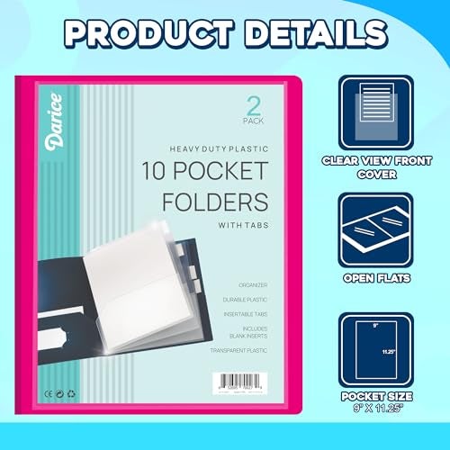 Darice 2 Pack 10 Pocket Folder - Double-Sided Multi Pocket Folder - Letter Size Paper Organizer for Office School - Pink & Blue - Image 3