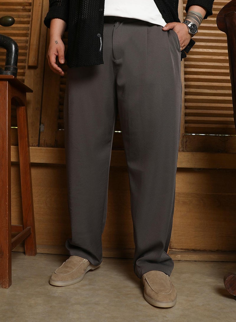 Instafab Plus Men's Charcoal Black Straight Pleated Trousers For Casual Wear | Mid-Rise | Straight Fit | Drawstring Closure | Plus Size Trousers Crafted With Comfort Fit For Everyday Wear - Image 1