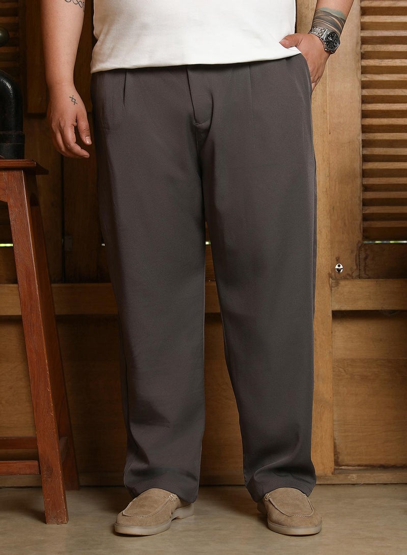 Instafab Plus Men's Charcoal Black Straight Pleated Trousers For Casual Wear | Mid-Rise | Straight Fit | Drawstring Closure | Plus Size Trousers Crafted With Comfort Fit For Everyday Wear - Image 2