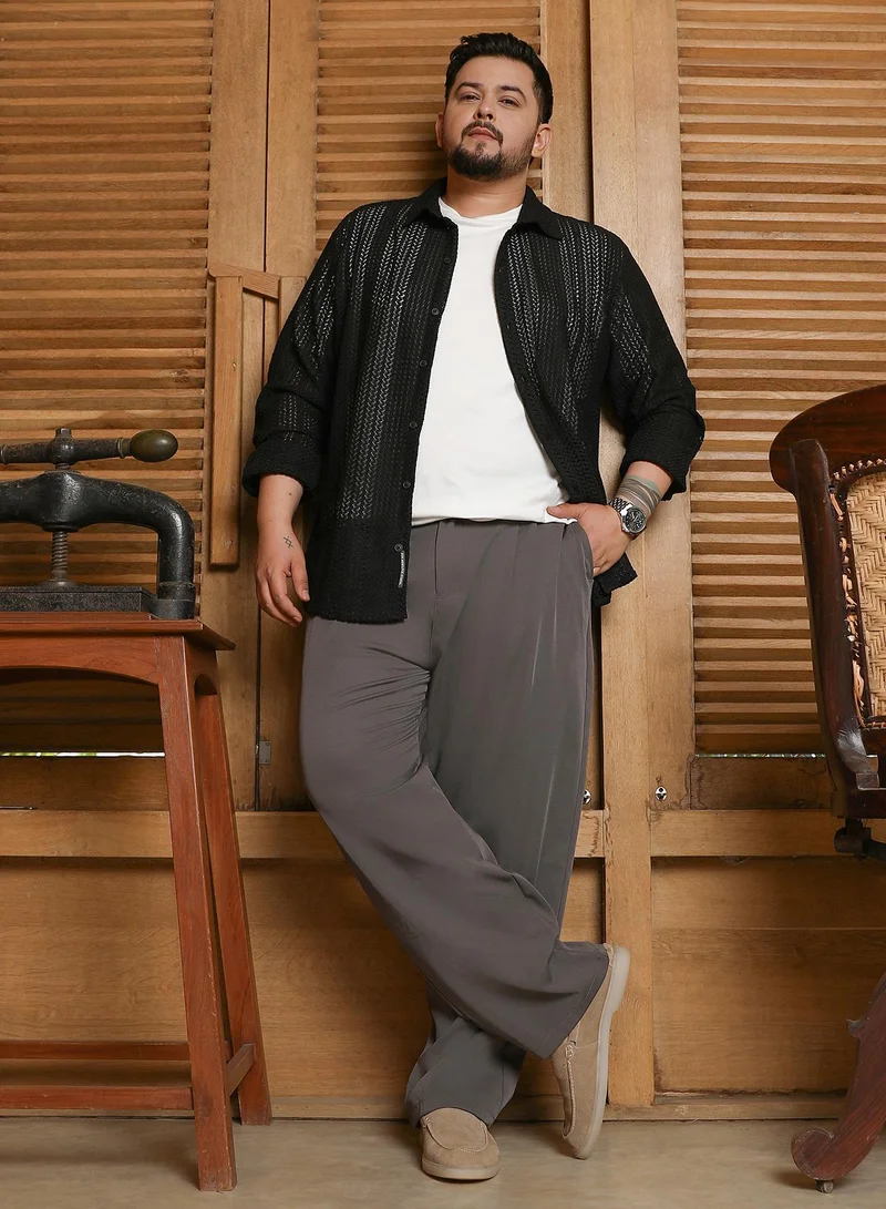 Instafab Plus  Men's Charcoal Black Straight Pleated Trousers For Casual Wear | Mid-Rise | Straight Fit | Drawstring Closure | Plus Size Trousers Crafted With Comfort Fit For Everyday Wear for Men | Best Price UAE