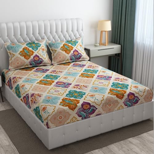 SHOMES 250 TC 100% Cotton Feel Bedsheet for Double/King Size Bed | Floral Design Bed Spread with 2 Pillow Covers | Soft Breathable & Wrinkle Free Bedsheets/Bedcover (90 x 90 Inches | Multicolor) - Image 1