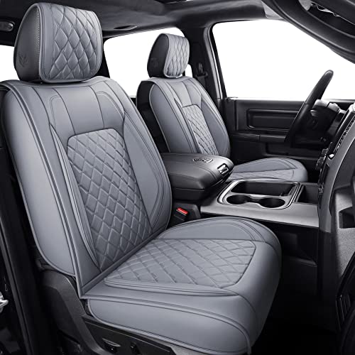 Aierxuan Dodge Ram Car Seat Covers Front Pair Waterproof Leather Custom Fit 2009-2025 1500/2500/3500 Crew Quad Regular Cab Truck Pickup Compatible with Airbag(2 PCS Front/Grey) - Image 2
