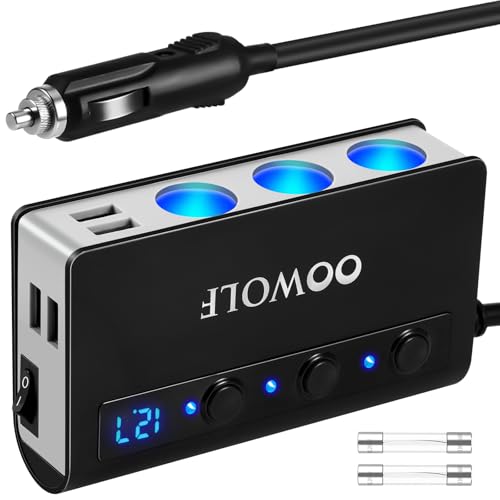 OOWOLF 7 in 1 Cigarette Lighter Splitter 180W Quick Charge 30 12V24V 3Socket Car Charger Adapter 4 USB Ports Car Power Adapter Car Splitter Independent Switches LED Voltmeter 23FT Cable - Image 1
