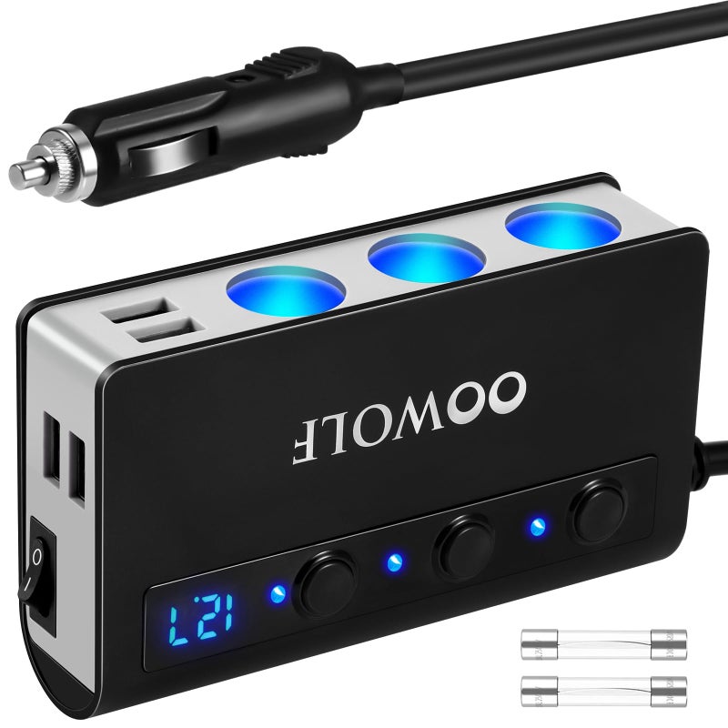OOWOLF 7 in 1 Cigarette Lighter Splitter 180W Quick Charge 30 12V24V 3Socket Car Charger Adapter 4 USB Ports Car Power Adapter Car Splitter Independent Switches LED Voltmeter 23FT Cable - Image 3