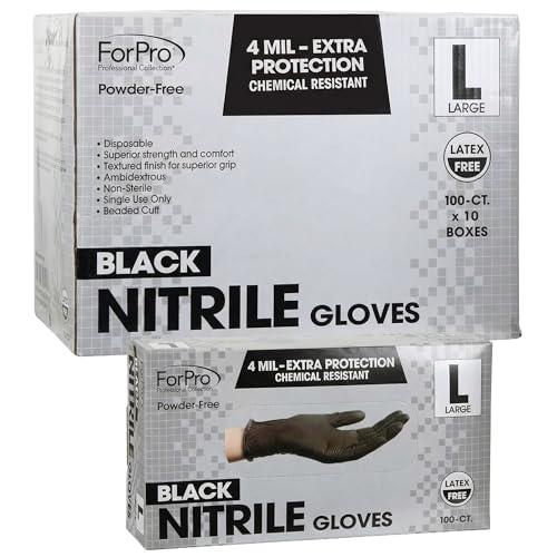 ForPro Professional Collection Disposable Nitrile Gloves Chemical Resistant PowderFree LatexFree NonSterile Food Safe 4 Mil Black Large 1000Count - Image 2