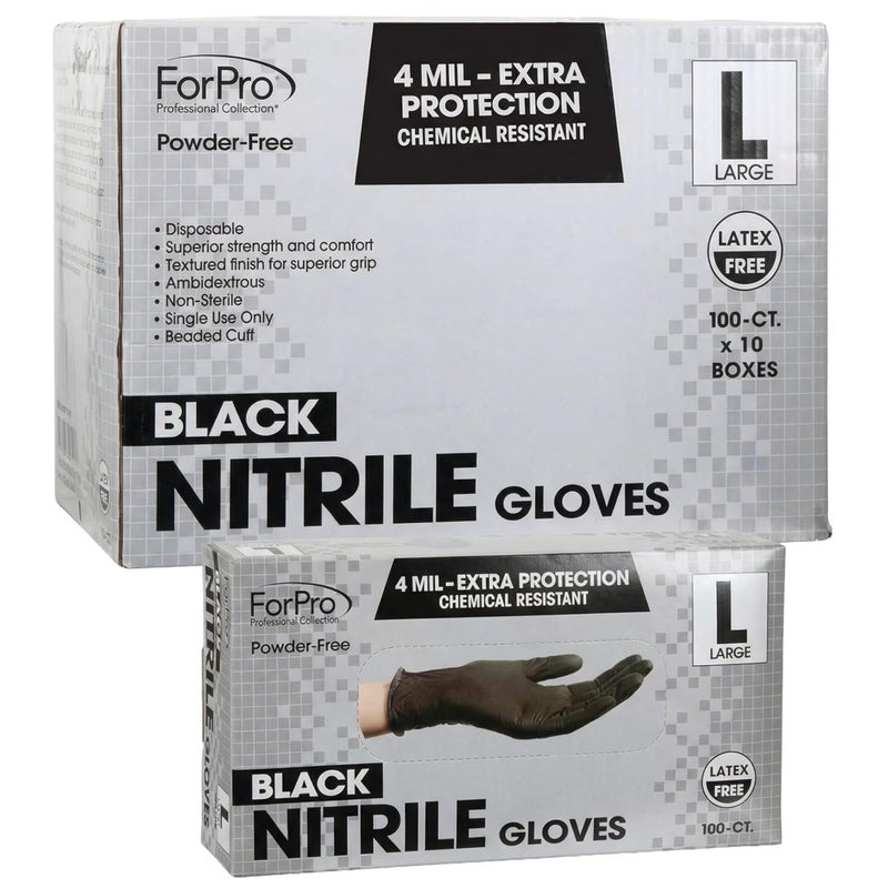 ForPro Professional Collection Disposable Nitrile Gloves Chemical Resistant PowderFree LatexFree NonSterile Food Safe 4 Mil Black Large 1000Count - Image 3