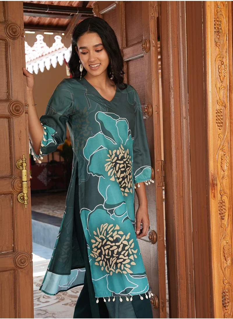 QISSA Women's Sacramento Green Grandiflora Imprint Kurta Set