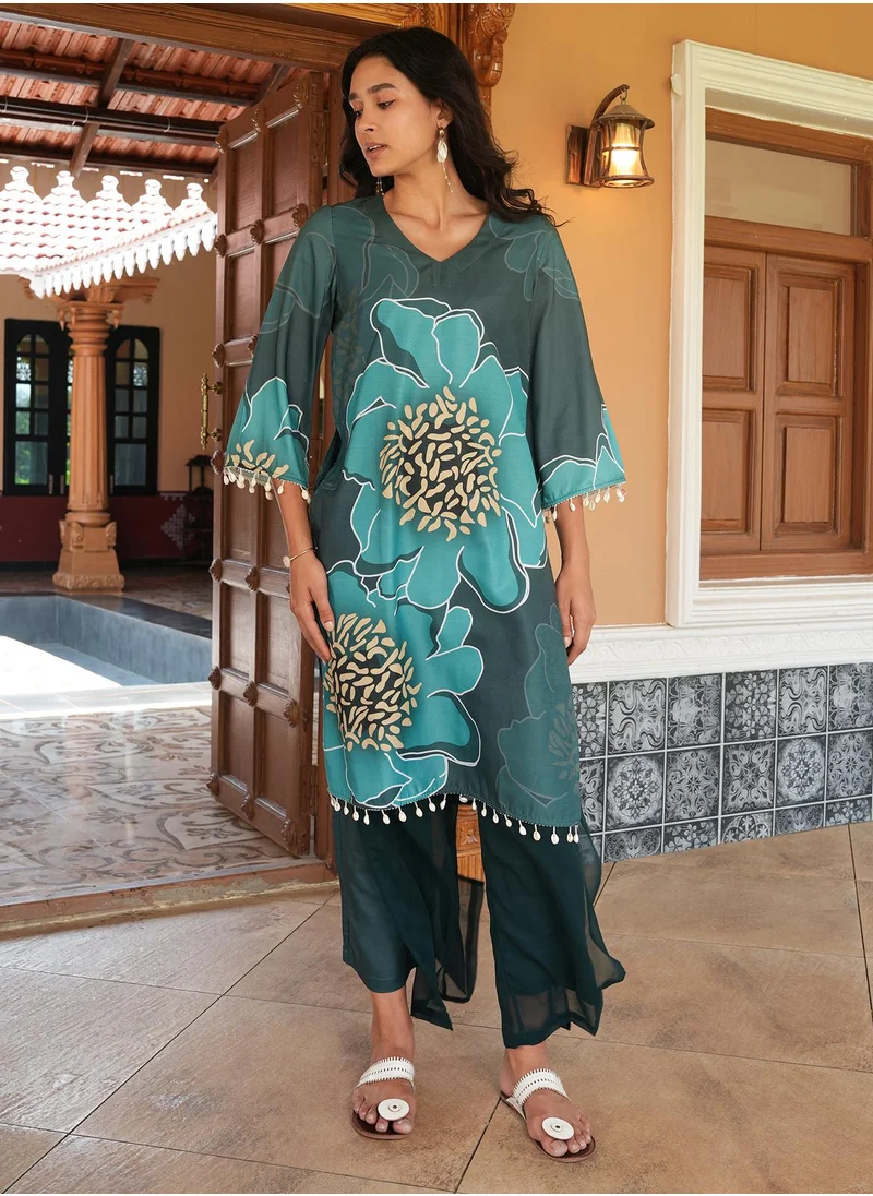 QISSA Women's Sacramento Green Grandiflora Imprint Kurta Set