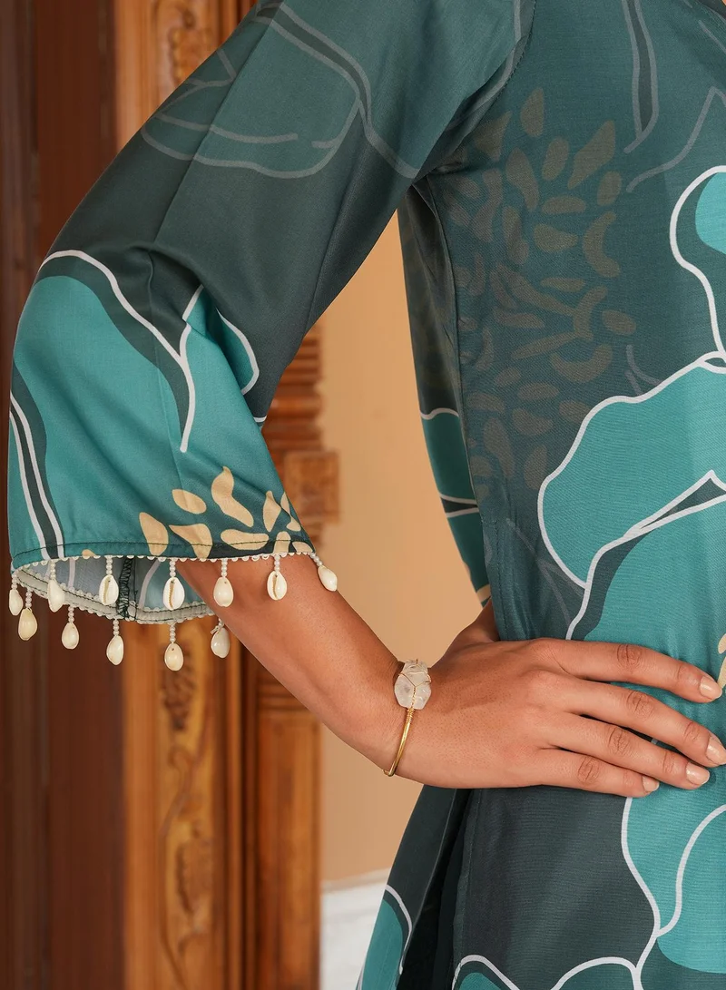 QISSA Women's Sacramento Green Grandiflora Imprint Kurta Set