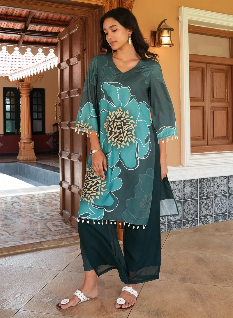 QISSA Women's Sacramento Green Grandiflora Imprint Kurta Set