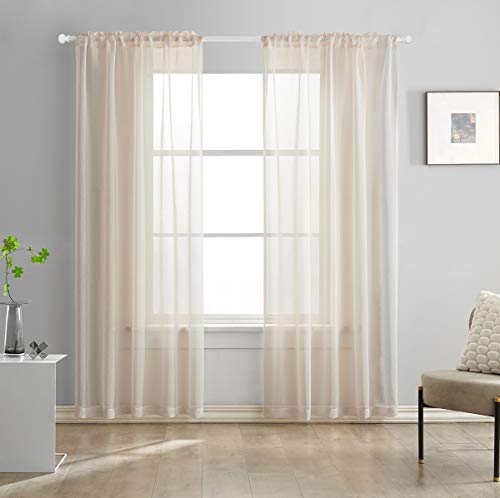 TOAVA DECO Beige Semi Sheer Curtains 84 Inches Long Faux Linen Beige Sheers Curtain for Bedroom Living Room Girls Kids Room 2 Panels 52x84 - Image 1