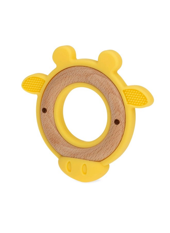 نوبي عضاضة نوبي المصنوعة من الخشب الطبيعي مع سيليكون ناعم، تصميم بسيط وسهل التنظيف، لون أصفر على شكل زرافة - Image 1