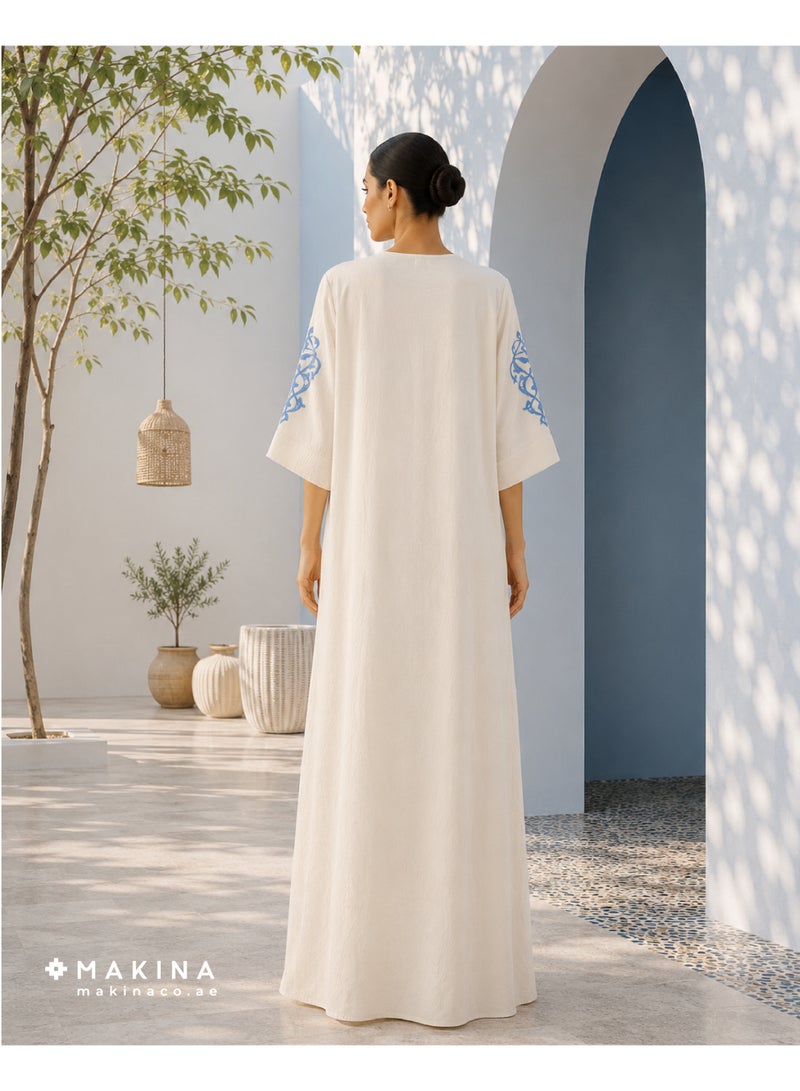 MAKINA Women Cotton Reception Dress with Intricate Blue Embroidery - Image 2