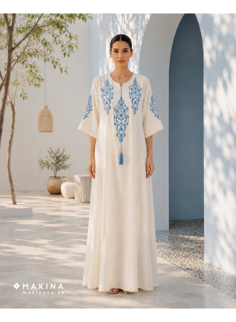MAKINA Women Cotton Reception Dress with Intricate Blue Embroidery - Image 1