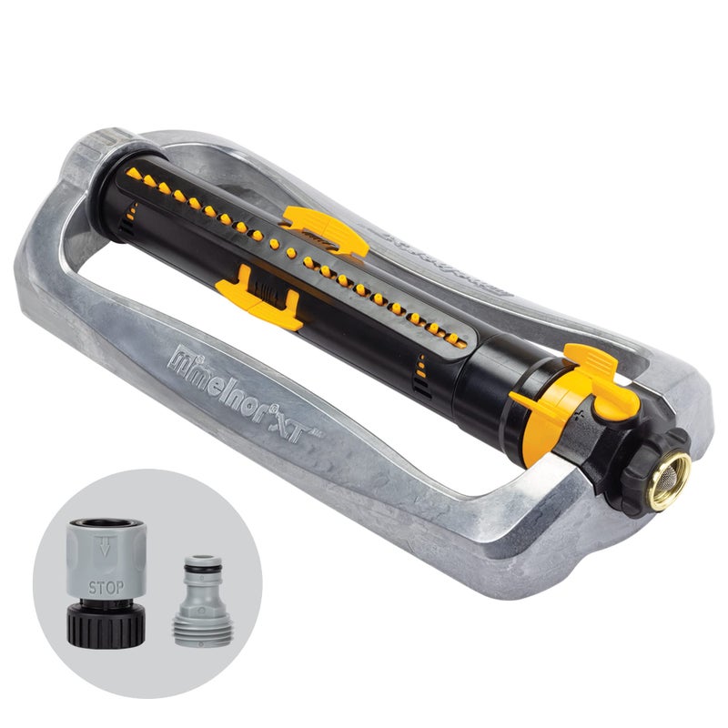 Melnor 65154AMZ XT Turbo Oscillating Sprinkler Metal Base 4500 sq ft Quick Connect Bundle 3Way Adjustable Black Yellow