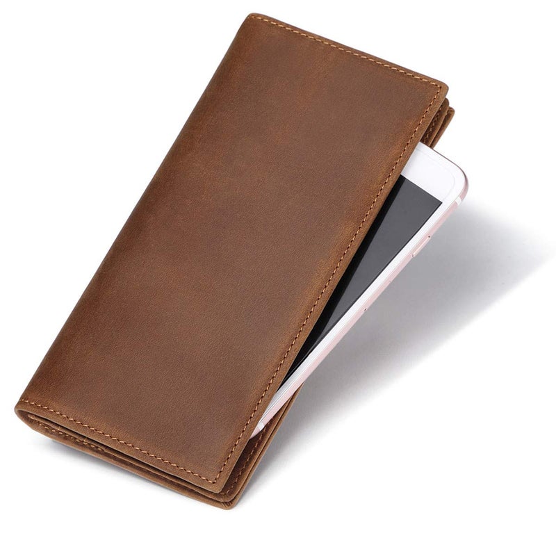 JEEBURYEE Men's Vintage Genuine Leather Long Bifold Wallet RFID Blocking Credit Card Holder Checkbook Wallet Brown - Image 3
