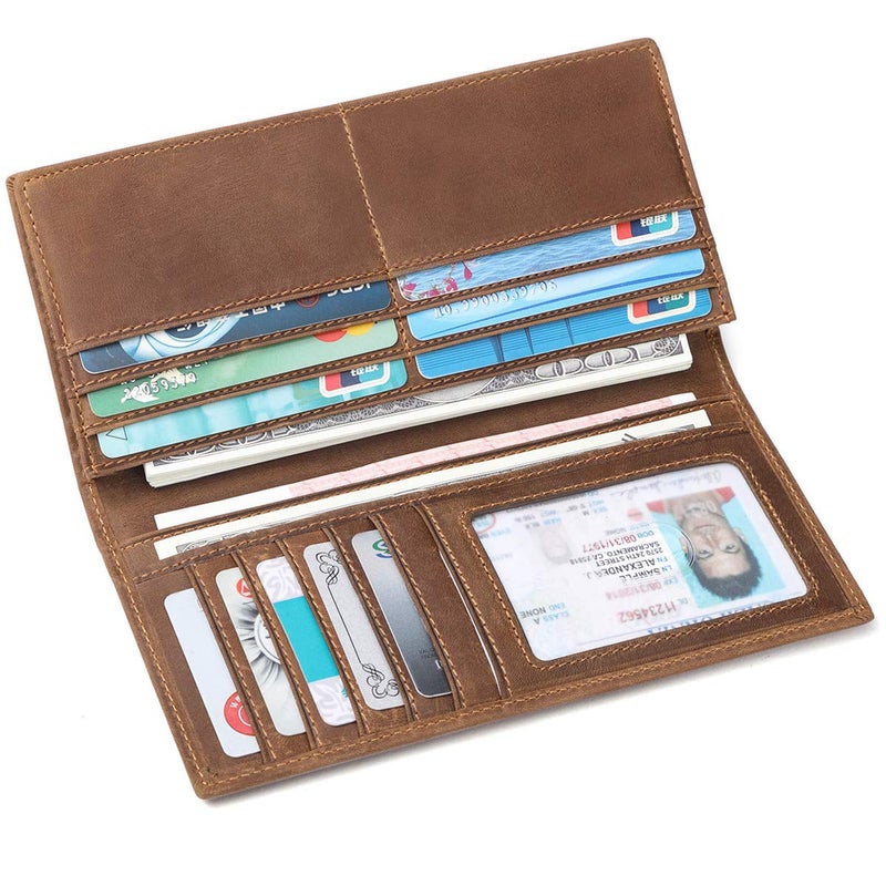 JEEBURYEE Men's Vintage Genuine Leather Long Bifold Wallet RFID Blocking Credit Card Holder Checkbook Wallet Brown - Image 2