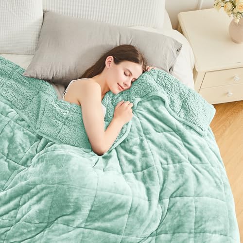 Cottonblue Weighted Blanket for Adults 15 lbs Queen Size 60x80 inches, Cozy Flannel Sherpa Weighted Throw Blankets Comfortable for Calming and Relax, Shaggy Fleece Bed Sofa Heavy Blankets, Dusty Green - Image 1