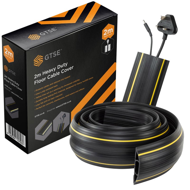 GTSE Floor Cable Cover/Cable Protector, Protect Cables and Prevent Trip Hazards, Heavy Duty, Black and Yellow, 2m Length, Perfect for Offices, Schools, Factories and Outdoor Use - Image 2