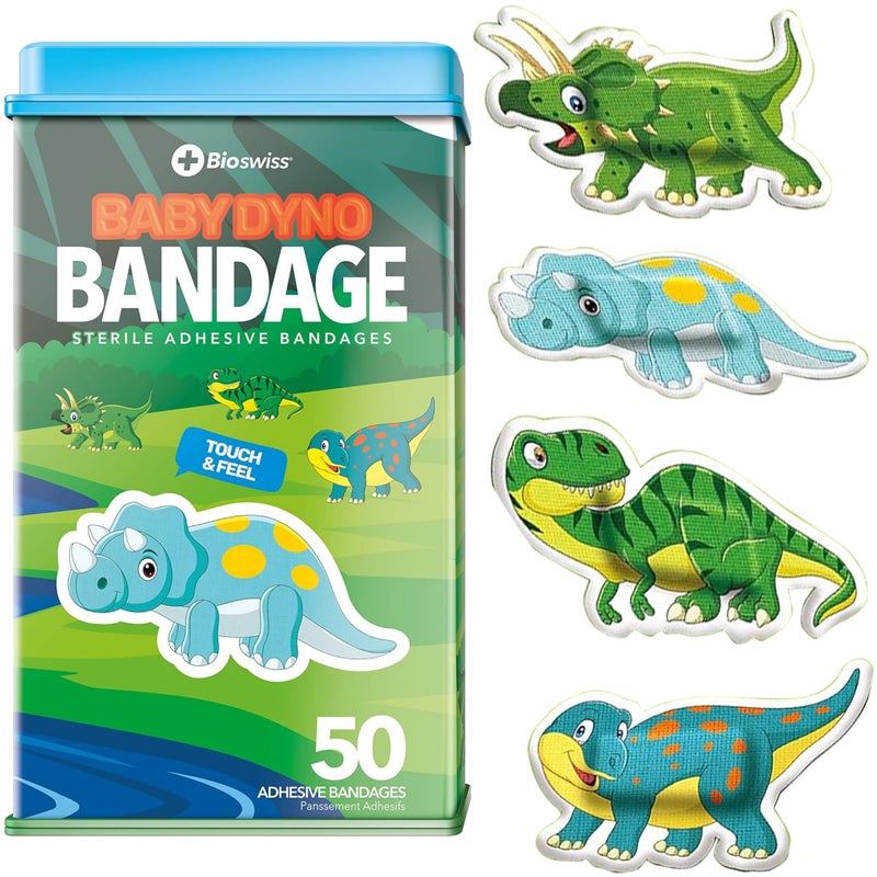 BioSwiss Bandages, Dino Shaped Self Adhesive Bandage Set, Latex Free, Sterile Wound Care, 50 Count - Image 1