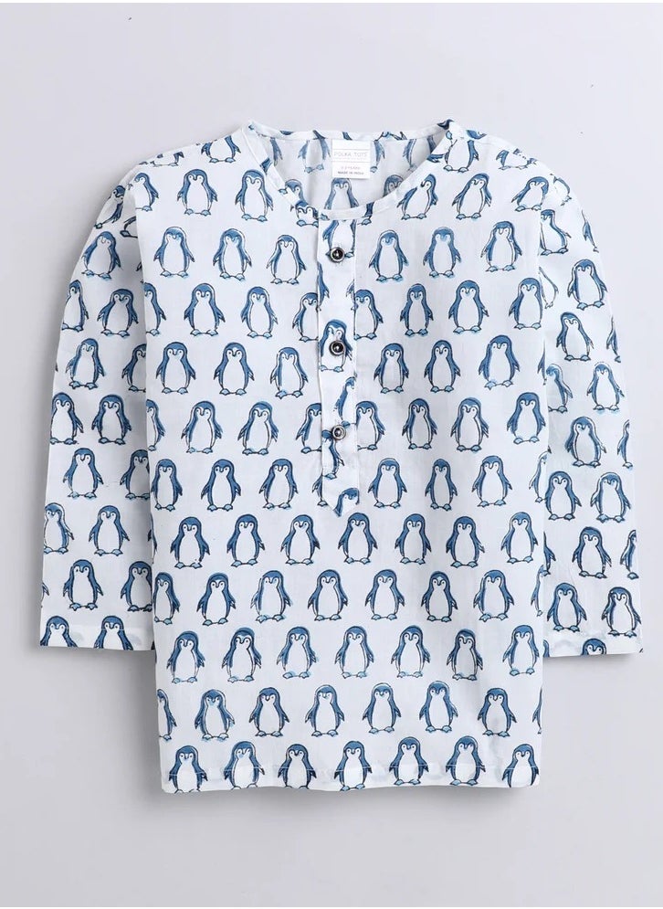 Polka Tots Polka Tots Full Sleeves Night Wear Penguin Kurta Pyjama - Blue  - Image 2