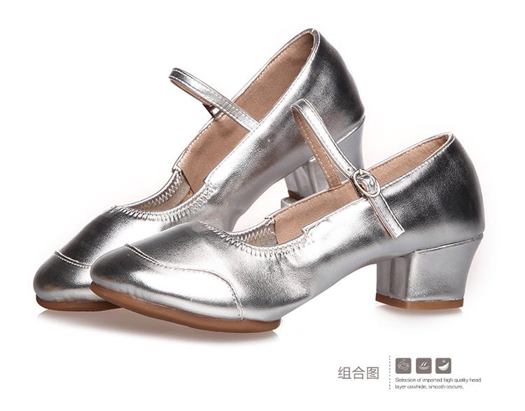 Generic Summer Square Dancing Shoes Womens Leather Mid-Heel Adult Social Dancing Shoes Middle-Aged Oxford Soft Sole Modern Dancing Shoes Silver two-point bottom [shoe size is small]]